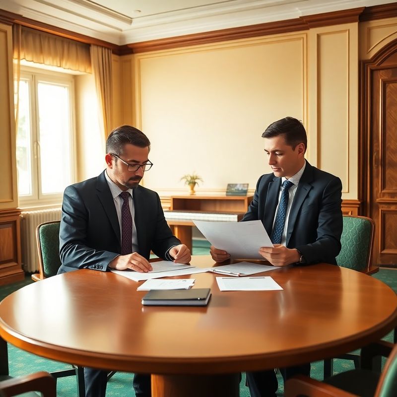 Doi consilieri analizând documente la o masă de conferință din biroul StrategyFramework